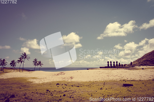 Image of Anakena palm beach and Moais statues site ahu Nao Nao, easter is