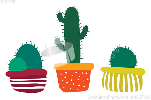 Image of Set of bright decorated flower pots with cactus plants provides 