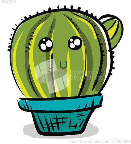 Image of Painting of a cactus plant emoji in a blue flower pot vector col