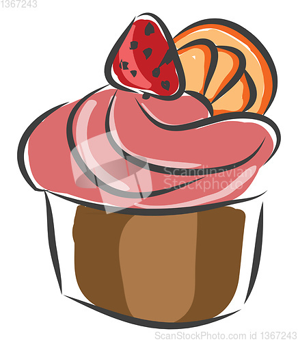 Image of Cupcake with pink creame and a strawberry on top vector illustra