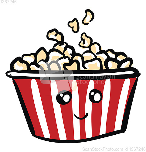 Image of Cute smiling red and white popcorn bucket vector illustration on