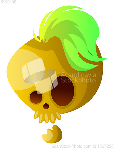 Image of Yellow cartoon skull with green hair vector illustartion on whit
