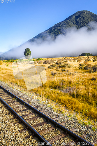 Image of Railway in Mountain fields landscape, New Zealand