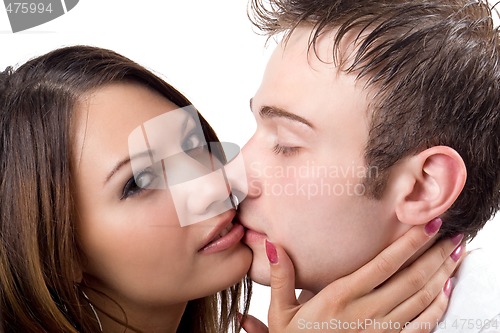 Image of Portrait of the kissing young beauty couple 