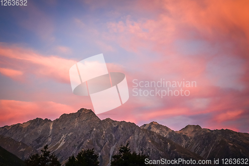 Image of Mount Cook valley at sunset, New Zealand