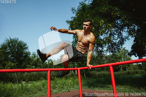 Image of Young muscular man while doing his workout outside at playground
