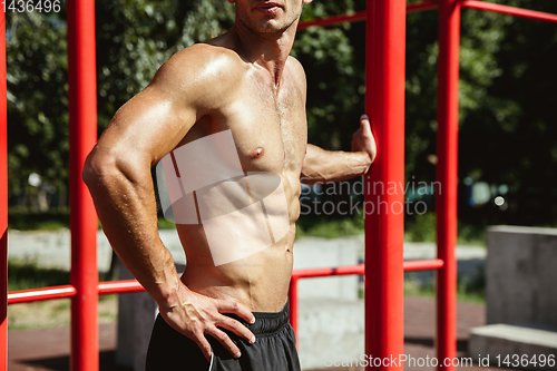 Image of Young muscular man while doing his workout outside at playground