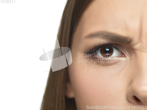 Image of Close up portrait of beautiful young woman face on white studio background