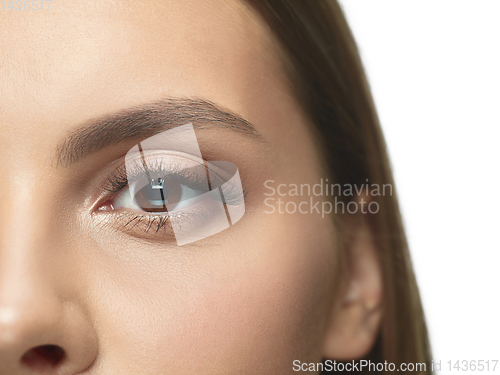 Image of Close up portrait of beautiful young woman face on white studio background