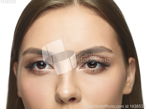 Image of Close up portrait of beautiful young woman face on white studio background