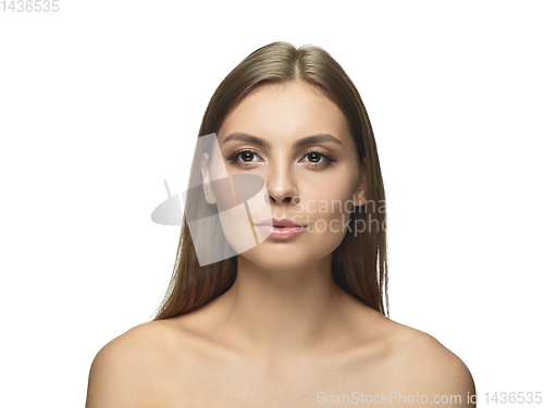 Image of Portrait of beautiful young woman isolated on white studio background