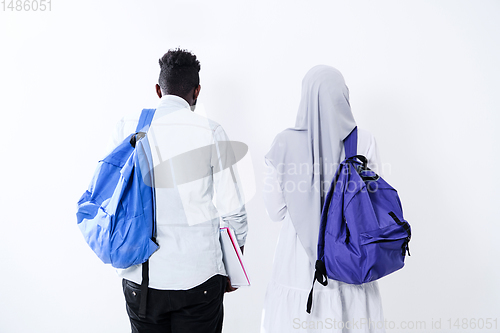 Image of african students couple walking