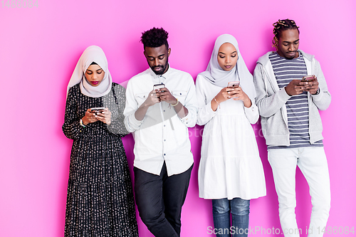 Image of african students group using smart phones