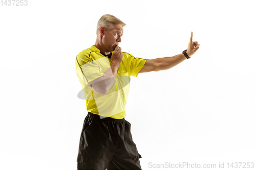 Image of Football referee gives directions with gestures to players isolated on white background