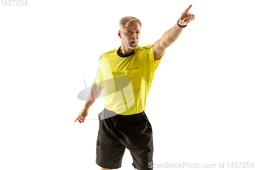 Image of Football referee gives directions with gestures to players isolated on white background