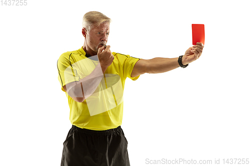 Image of Football referee showing a red card to a displeased player isolated on white background