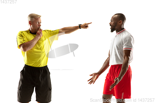 Image of Football referee gives directions with gestures to players isolated on white background