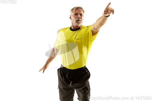 Image of Football referee gives directions with gestures to players isolated on white background