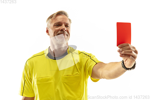 Image of Football referee showing a red card to a displeased player isolated on white background