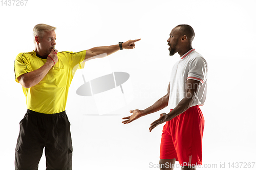 Image of Football referee gives directions with gestures to players isolated on white background