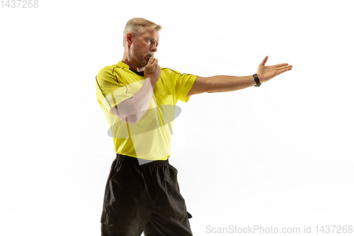 Image of Football referee gives directions with gestures to players isolated on white background