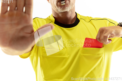 Image of Football referee showing a red card to a displeased player isolated on white background