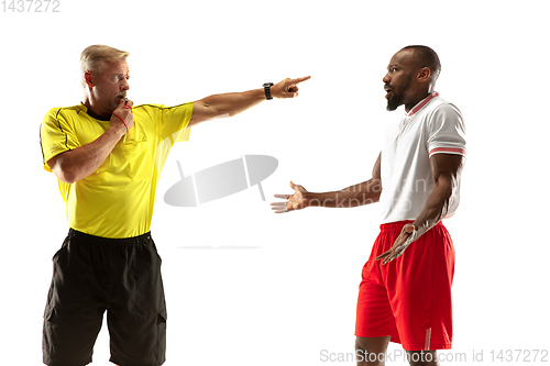 Image of Football referee gives directions with gestures to players isolated on white background