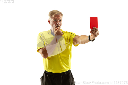 Image of Football referee showing a red card to a displeased player isolated on white background