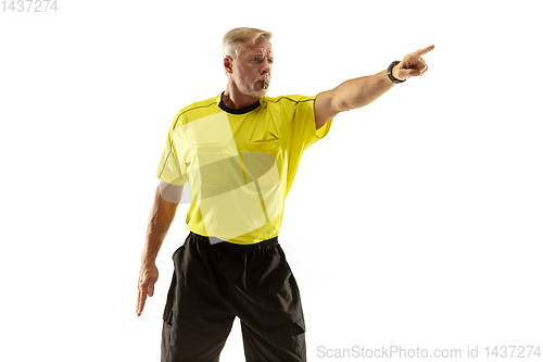 Image of Football referee gives directions with gestures to players isolated on white background