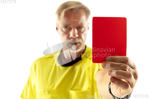 Image of Football referee showing a red card to a displeased player isolated on white background