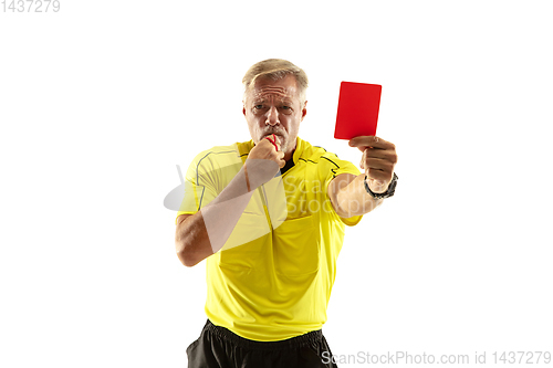 Image of Football referee showing a red card to a displeased player isolated on white background