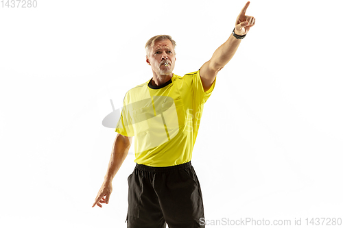 Image of Football referee gives directions with gestures to players isolated on white background