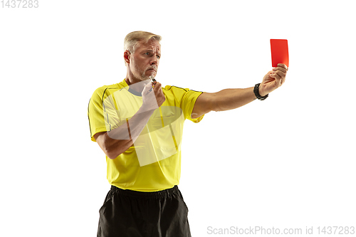 Image of Football referee showing a red card to a displeased player isolated on white background