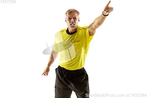 Image of Football referee gives directions with gestures to players isolated on white background