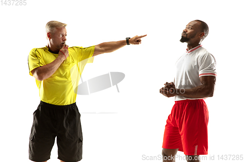 Image of Football referee gives directions with gestures to players isolated on white background