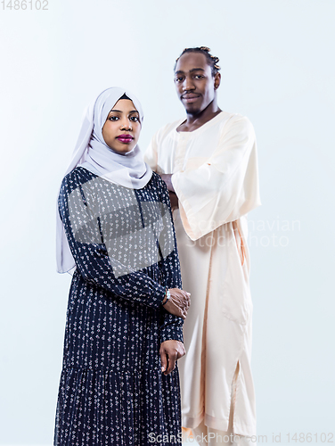 Image of portrait of  young african muslim couple