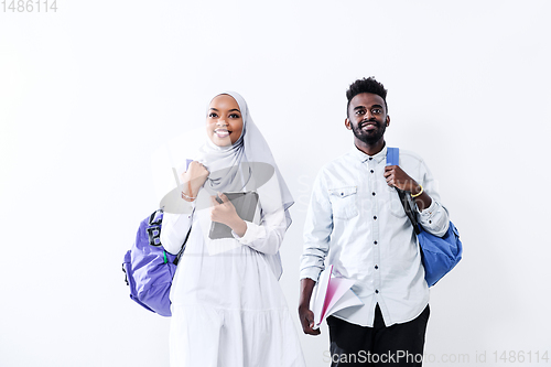Image of african students couple walking