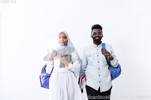 Image of african students couple walking