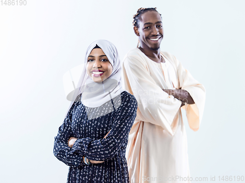 Image of portrait of  young african muslim couple