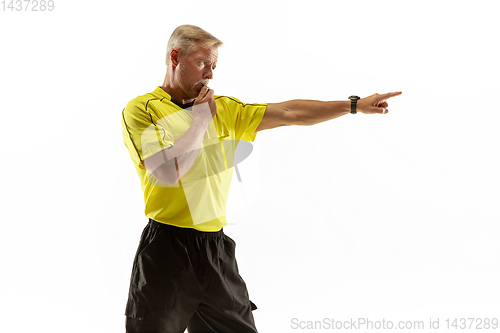 Image of Football referee gives directions with gestures to players isolated on white background