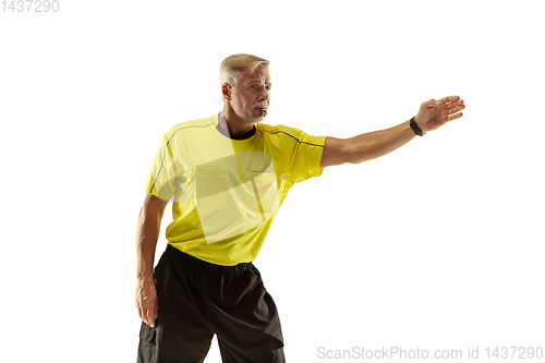 Image of Football referee gives directions with gestures to players isolated on white background