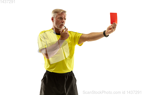 Image of Football referee showing a red card to a displeased player isolated on white background