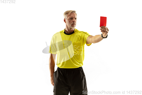 Image of Football referee showing a red card to a displeased player isolated on white background