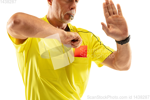 Image of Football referee showing a red card to a displeased player isolated on white background