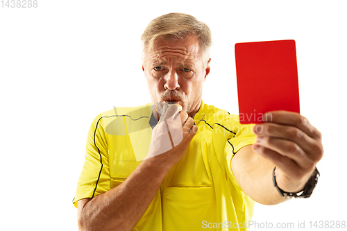 Image of Football referee showing a red card to a displeased player isolated on white background