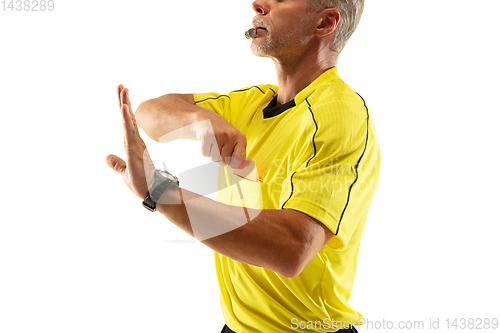 Image of Football referee showing a red card to a displeased player isolated on white background