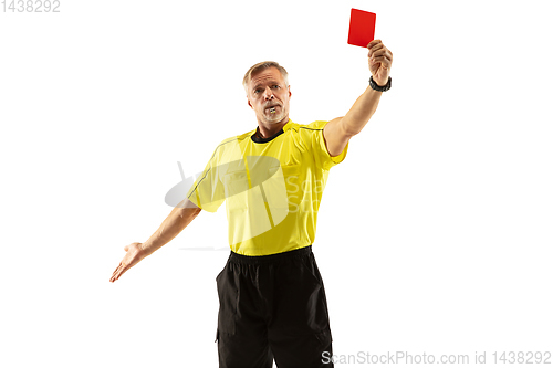 Image of Football referee showing a red card to a displeased player isolated on white background