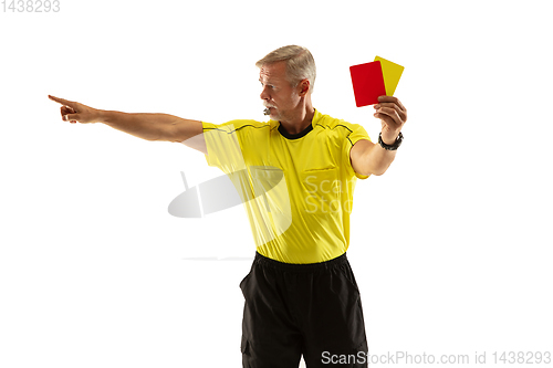 Image of Football referee showing a red card to a displeased player isolated on white background