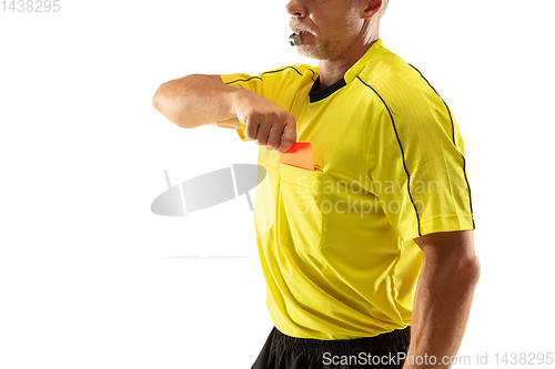 Image of Football referee showing a red card to a displeased player isolated on white background