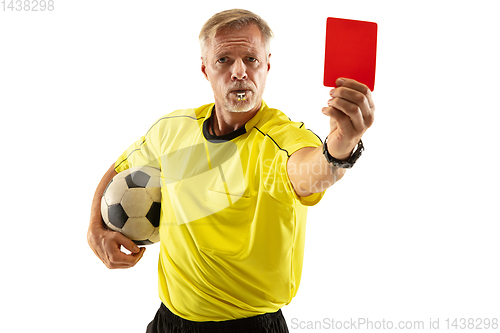 Image of Football referee showing a red card to a displeased player isolated on white background